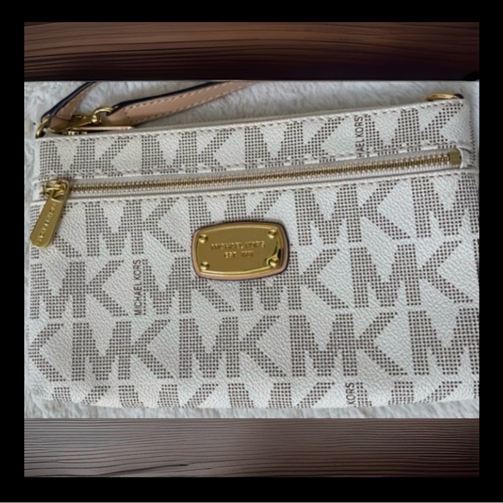 Michael Kors Cream Beige MK Logo Wristlet with Gold Hardware